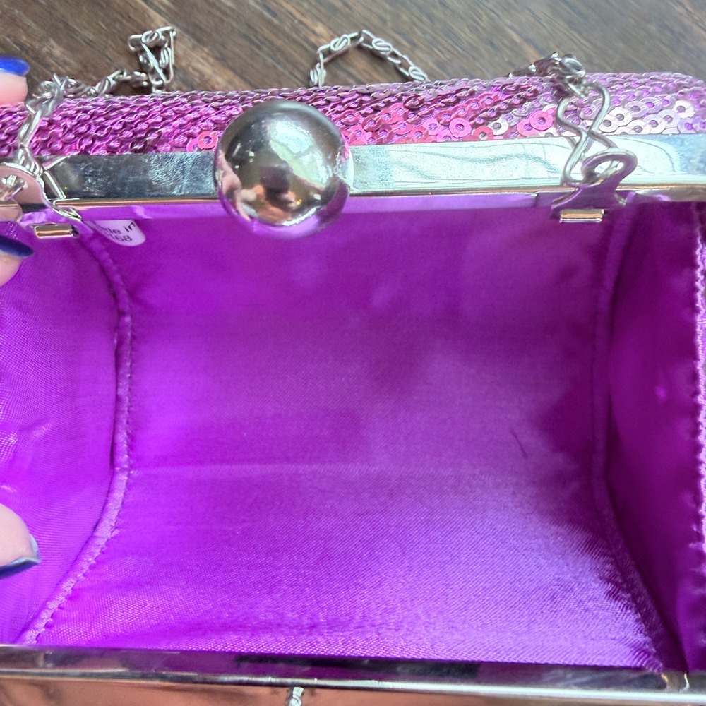 Jessica McClintock Pink Sequin Clutch Evening Bag Chain Strap Party Purse - Picture 4 of 5